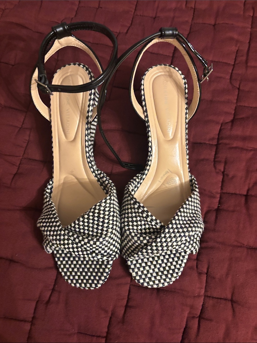 Adrienne Vittadini Black and White Woven Ankle-Strap Heels